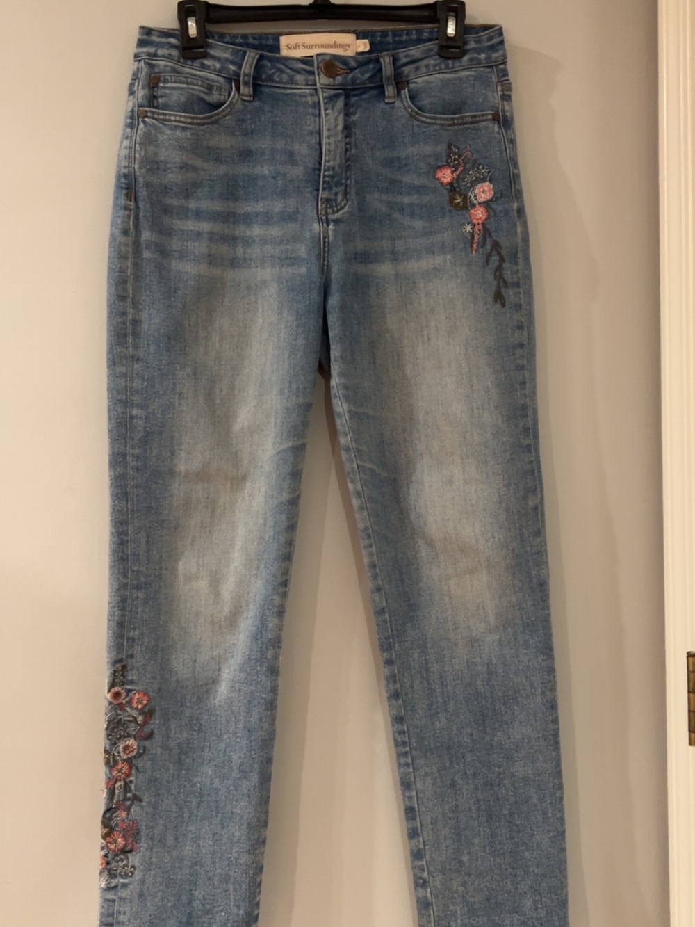 Soft Surroundings Blue Skinny Jeans with Pink Floral Embroidery